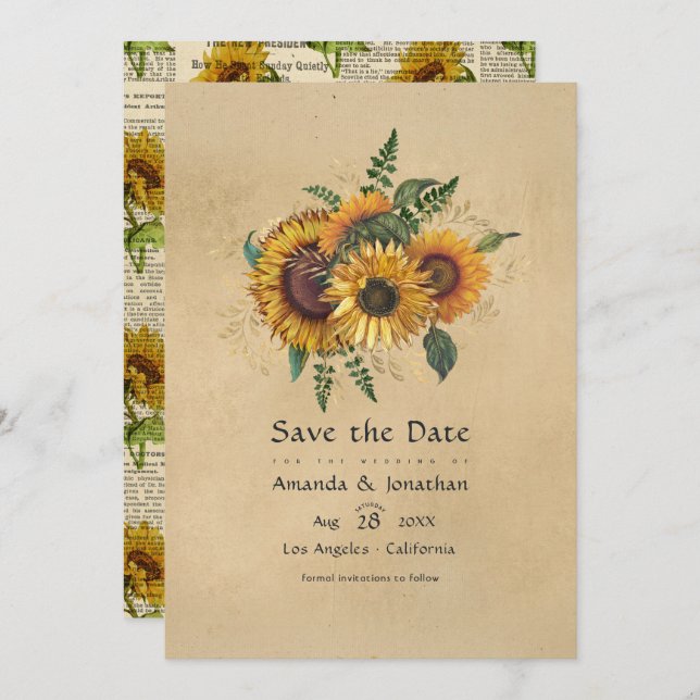 Rustic Vintage Sunflowers Wedding Save The Date (Front/Back)