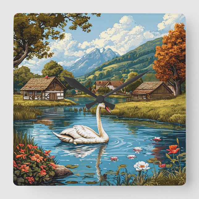 Rustic Vintage Swans Nature Landscape 🦢🕰️ Square Wall Clock (Front)