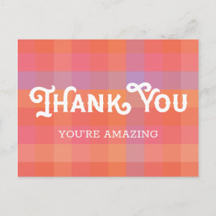 Rustic Vintage Thank You Orange and Pink Plaid Postcard