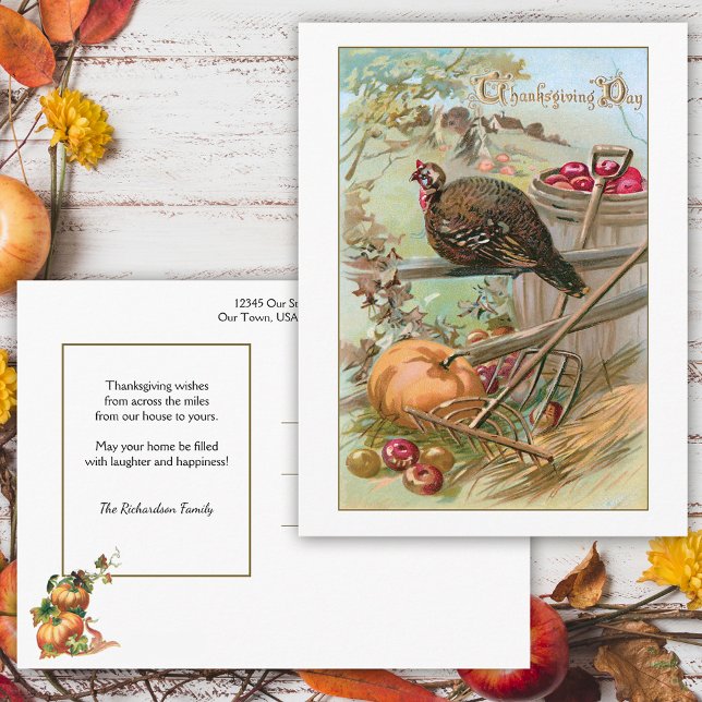Rustic Vintage Thanksgiving Turkey & Pumpkin Postcard (Creator Uploaded)