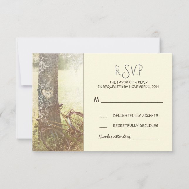 rustic vintage tree and bicycle wedding RSVP (Front)