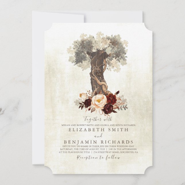 Rustic Vintage Tree Burgundy Floral Wedding Invitation (Front)