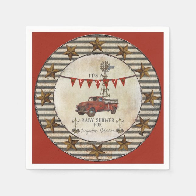 Rustic Vintage Truck Farmhouse Star Baby Shower Napkin (Front)