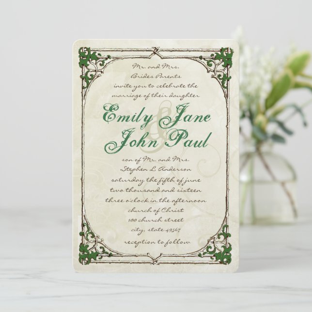 Rustic Vintage Twig Ivy Border Wedding Invitation (Standing Front)