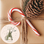 Rustic Vintage Watercolor Cosy Christmas Scene Classic Round Sticker<br><div class="desc">Bring the cosy charm of the holiday season to your gifts and packages with these watercolor Christmas stickers! Featuring a quaint vintage winter village scene with a charming Christmas tree, these stickers add a touch of rustic elegance. Perfect for adding a personalised touch to presents, cards, or even home decor,...</div>