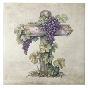 Rustic Vintage Watercolor Grapes Wooden Cross Tile