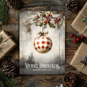 Rustic vintage watercolor red white Christmas card
