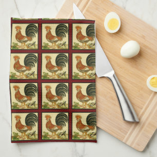Rustic Vintage Watercolor  Rooster Chicken Pattern Tea Towel