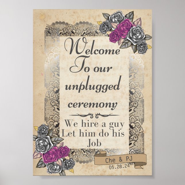 Rustic Vintage Wedding Sign Unplugged Ceremony (Front)