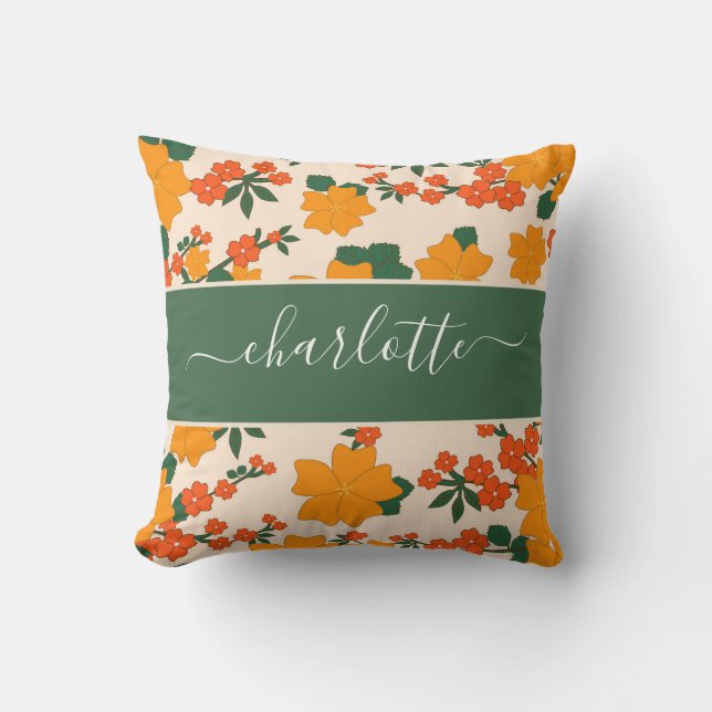 Rustic Vintage Wildflowers Orange Floral Cushion (Front)