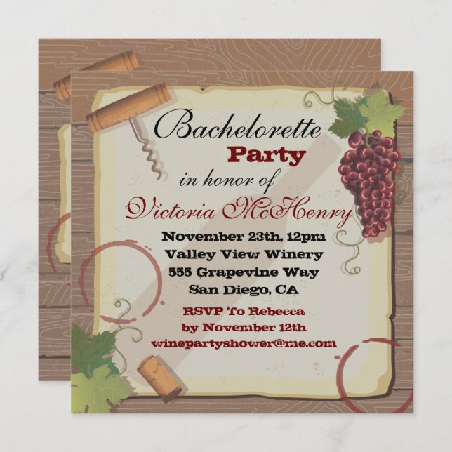 Rustic Vintage Wine Tasting Bachelorette Party Invitation (Front/Back)