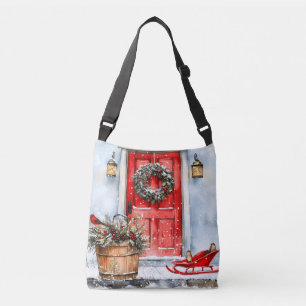 Rustic Vintage Winter Red Christmas Door Wreath Crossbody Bag