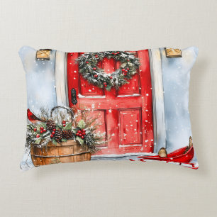 Rustic Vintage Winter Red Christmas Door Wreath Decorative Cushion