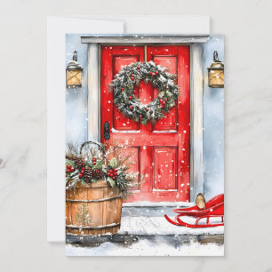 Rustic Vintage Winter Red Christmas Door Wreath Holiday Card