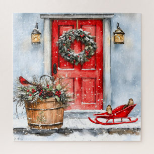 Rustic Vintage Winter Red Christmas Door Wreath Jigsaw Puzzle