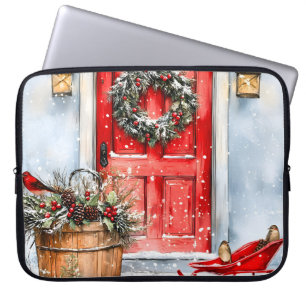 Rustic Vintage Winter Red Christmas Door Wreath Laptop Sleeve