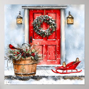 Rustic Vintage Winter Red Christmas Door Wreath Poster