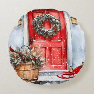 Rustic Vintage Winter Red Christmas Door Wreath Round Cushion