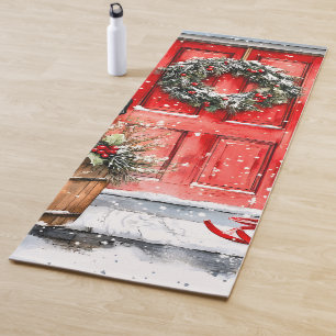 Rustic Vintage Winter Red Christmas Door Wreath Yoga Mat