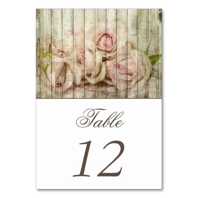 Rustic Vintage Wood and Roses Wedding Table Number (Front)