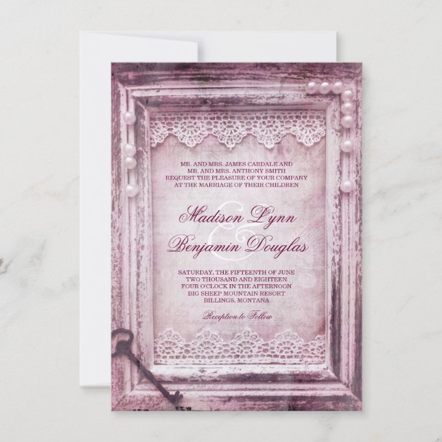 Rustic Vintage Wood Frame Purple Wedding Invites (Front)