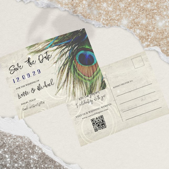 Rustic Vintage Wood Navy Turquoise Peacock Announcement Postcard (Creator Uploaded)