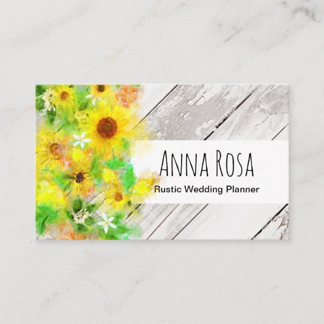 *~* Rustic Vintage Wood Sunflowers Lemons Citrus Business Card (Front)