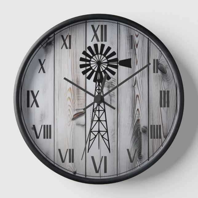 Rustic Vintage Wooden White Farmhouse and windmill Clock (Front)