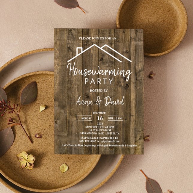 Rustic Vintage Woodgrain Modern Housewarming Party Invitation (Rustic Vintage Woodgrain Modern Housewarming Party Invitation open houses or holiday gatherings)