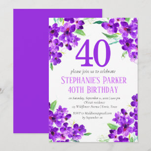 Rustic Violet 40th Birthday Purple Floral Invitation