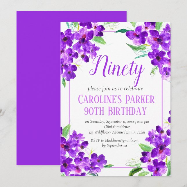 Rustic Violet 90th Birthday Purple Floral Invitation (Front/Back)
