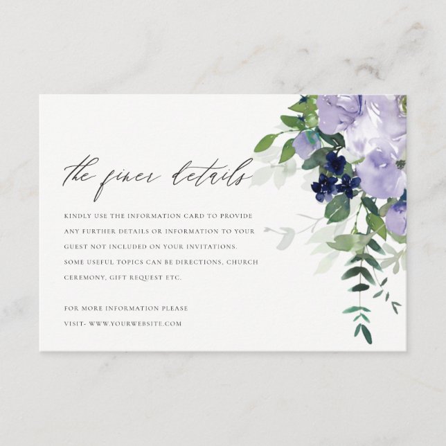 Rustic Violet Purple Floral Leafy Wedding Details Enclosure Card (Front)