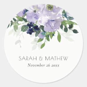 Rustic Violet Purple Navy Floral Leafy Wedding Classic Round Sticker