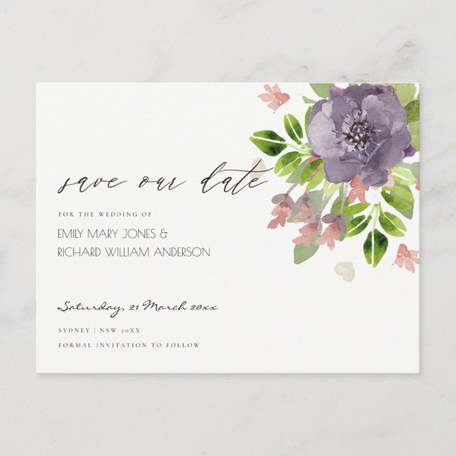 RUSTIC VIOLET WILD FLOWERS & FOLIAGE Save the date Announcement Postcard (Front)