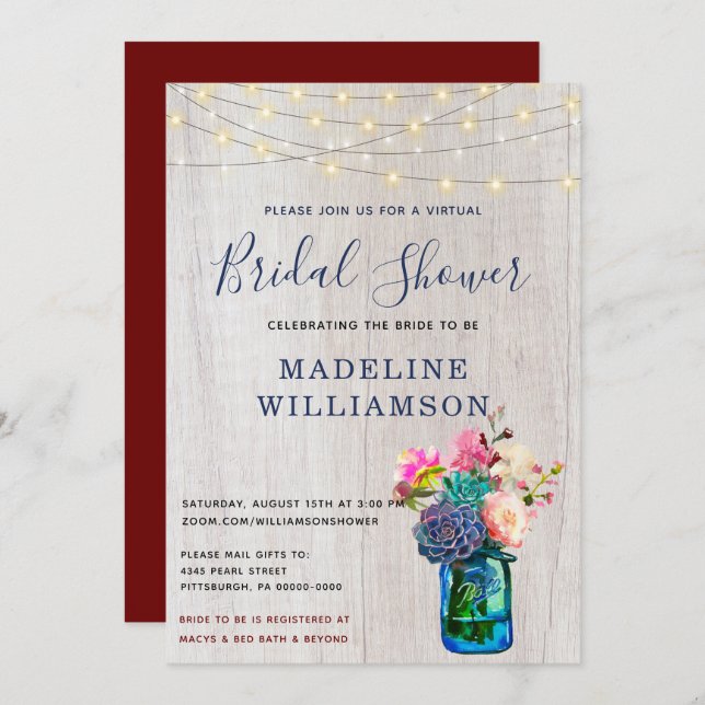 Rustic Virtual Bridal Shower Mason Jar Succulents Invitation (Front/Back)