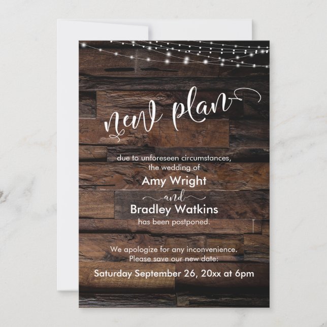 Rustic w/ Lights New Plan Postponed Wedding Card (Front)