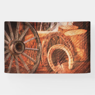 Rustic Wagon Wheel Horseshoes Western Style Banner