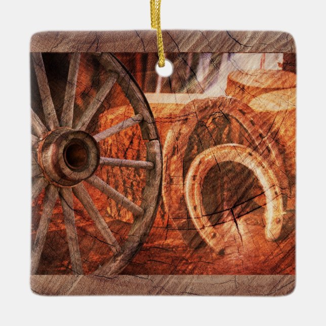 Rustic Wagon Wheel Horseshoes Western Style Ceramic Ornament (Front)