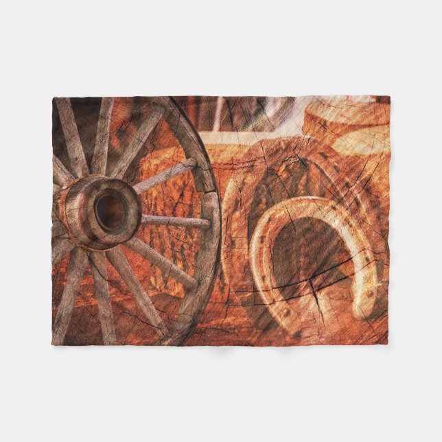 Rustic Wagon Wheel Horseshoes Western Style Fleece Blanket (Front (Horizontal))
