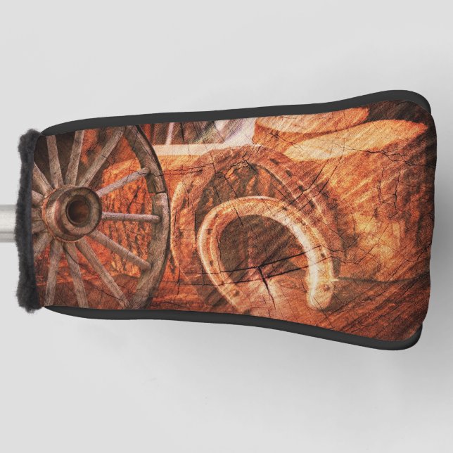 Rustic Wagon Wheel Horseshoes Western Style Golf Head Cover (Front)