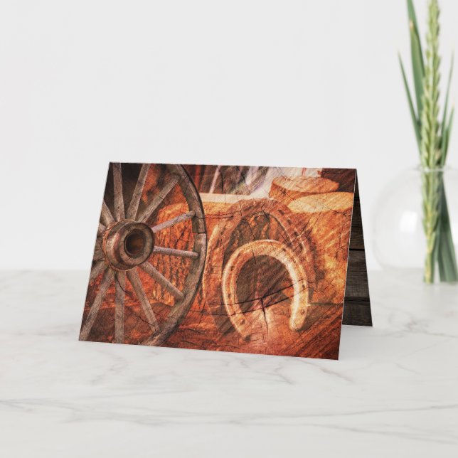 Rustic Wagon Wheel Horseshoes Western Style Note C Note Card (Front)