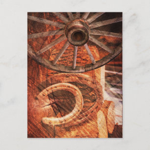 Rustic Wagon Wheel Horseshoes Western Style Postcard