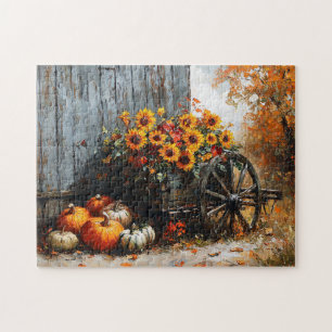 Rustic Wagon with Pumpkins and Sunflowers Jigsaw Puzzle