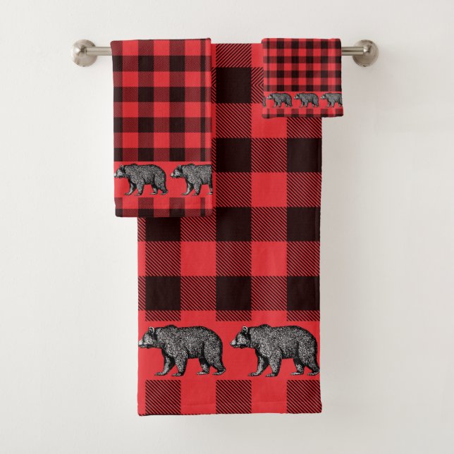 Rustic Walking Bear Buffalo Plaid Bath Towel Set (Insitu)
