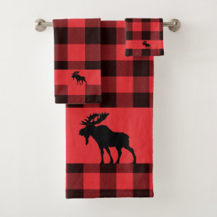 Rustic Walking Moose Buffalo Plaid  Bath Towel Set