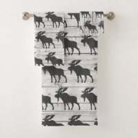 Rustic Walking Moose Shiplap Wood Bath Towel Set