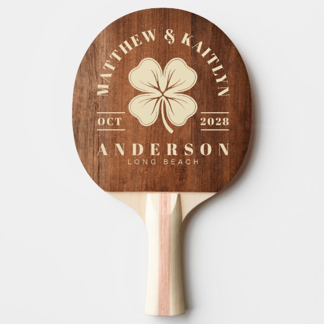 Rustic Walnut Wood Irish Clover Wedding Crest Ping Pong Paddle (Front)