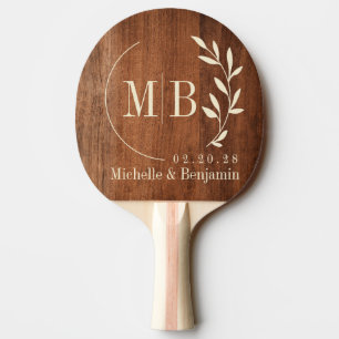 Rustic Walnut Wood Leaf Wedding Monogram Ping Pong Paddle