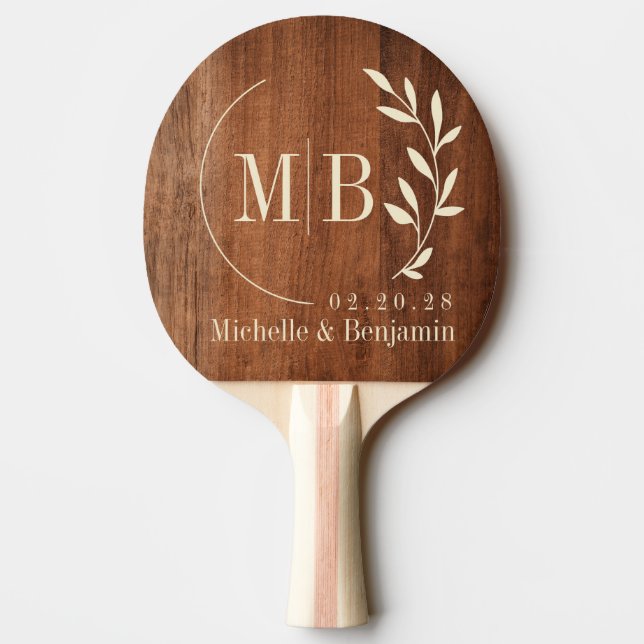 Rustic Walnut Wood Leaf Wedding Monogram Ping Pong Paddle (Back)