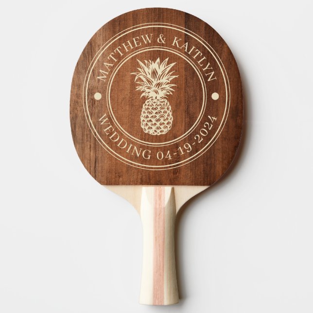 Rustic Walnut Wood Pineapple Wedding Names Ping Pong Paddle (Back)